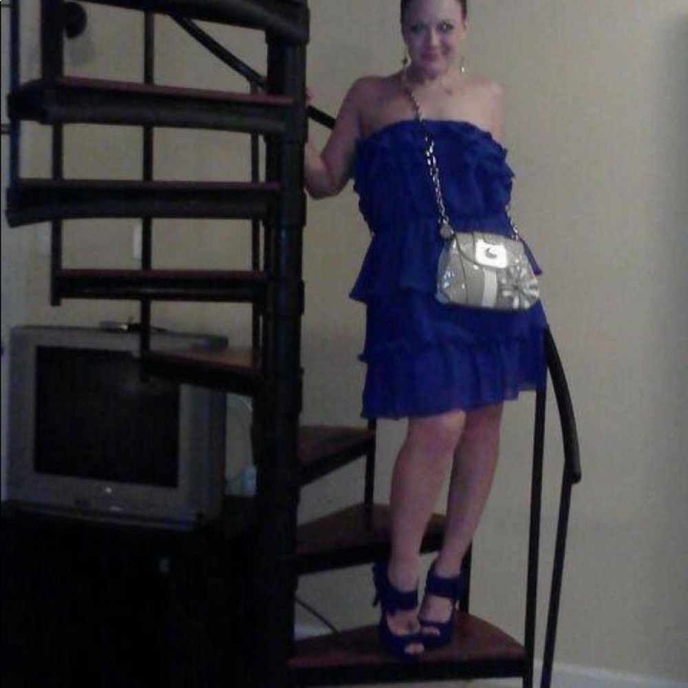 Cobalt blue layered ruffle strapless/tube dress elastic waist lined